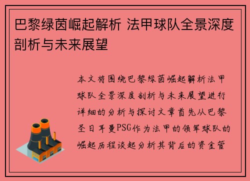 巴黎绿茵崛起解析 法甲球队全景深度剖析与未来展望
