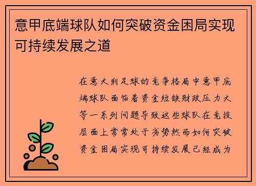 意甲底端球队如何突破资金困局实现可持续发展之道