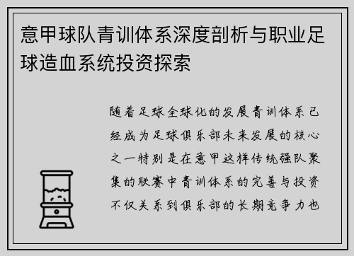 意甲球队青训体系深度剖析与职业足球造血系统投资探索