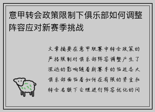 意甲转会政策限制下俱乐部如何调整阵容应对新赛季挑战